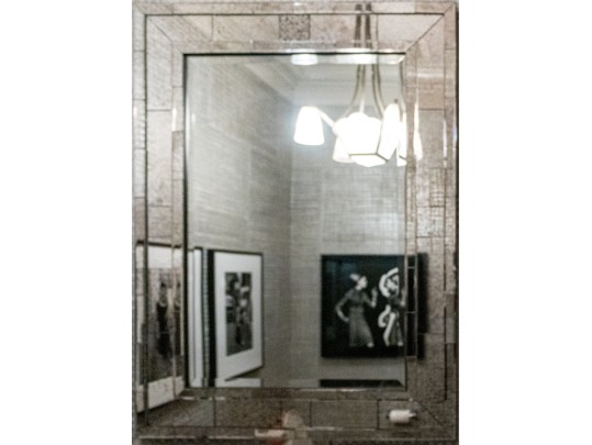 Antiqued Mirror-Tiled Geometric Patterned Framed Wall Mirror