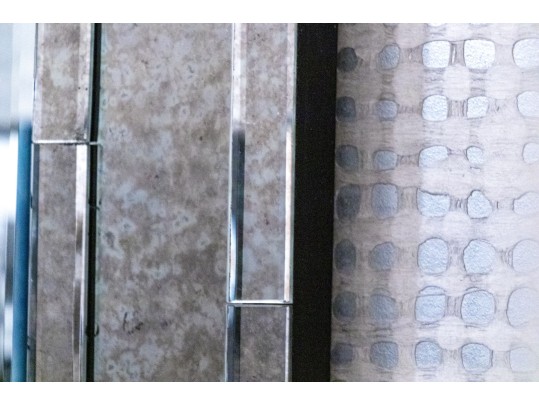 Antiqued Mirror-Tiled Geometric Patterned Framed Wall Mirror