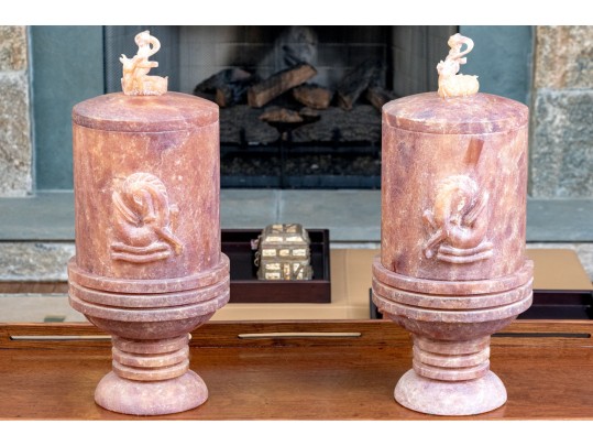Highly Decorative Carved Stone Lidded Stone Vessels