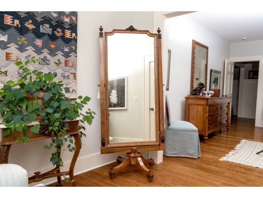 Chevel Mirror In Carved Fruitwood With Finials & Crest