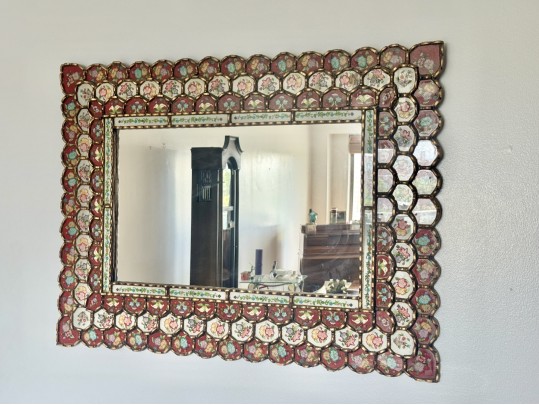 Large Decorative Gilt Wood And Gesso And Polychrome Floral Embellished Mirror