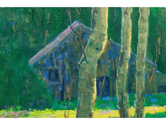 Gilt Framed Oil On Canvas, Cottage In The Woods