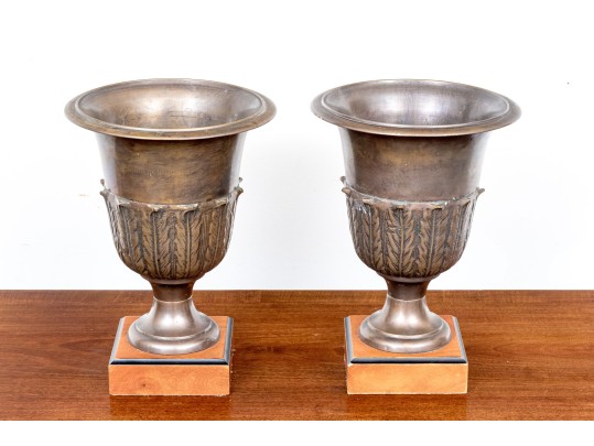 Pair Of Classic Brass Garniture Urns On Square Bases