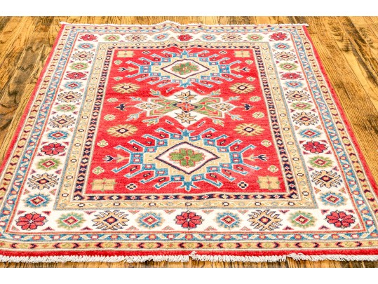 Hand Knotted Wool Pakistan Kazak Mat, 3'-4