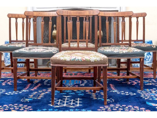 Set Of Six Antique Federal Mahogany And Satinwood Banded Dining Chairs, Ca. 1810