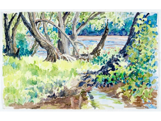 William L. Drake (1929-2019) Watercolor On Paper - Riverside Landscape