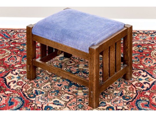 Stickley Arts And Crafts Oak Stool With Blue Upholstered Cushion