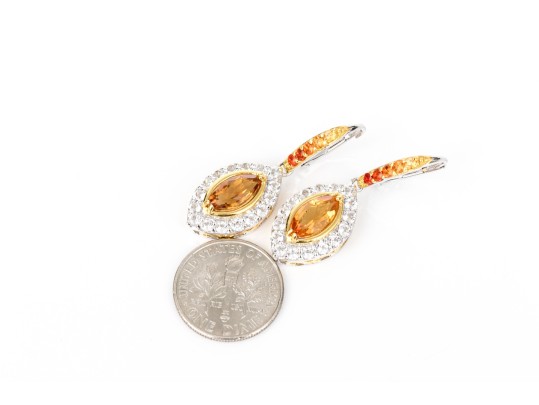 Sterling Silver Beautiful Navette Profile Yellow And White CZ Halo Drop Pendant Earrings