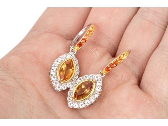 Sterling Silver Beautiful Navette Profile Yellow And White CZ Halo Drop Pendant Earrings