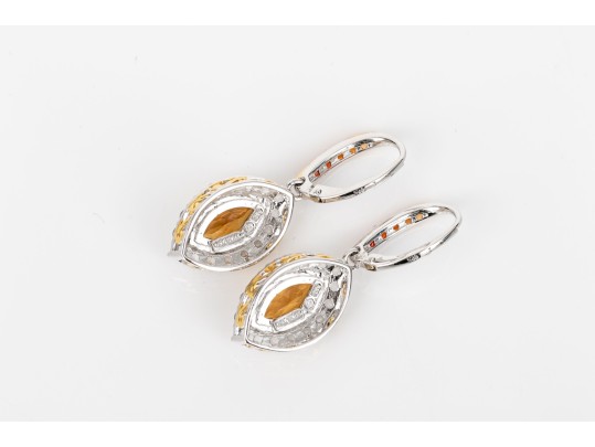 Sterling Silver Beautiful Navette Profile Yellow And White CZ Halo Drop Pendant Earrings