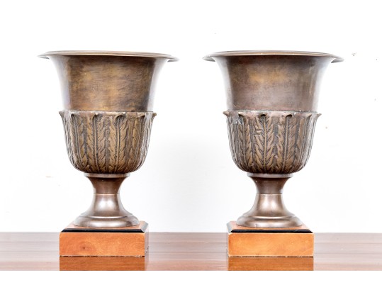 Pair Of Classic Brass Garniture Urns On Square Bases