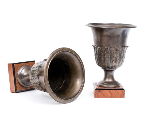Pair Of Classic Brass Garniture Urns On Square Bases