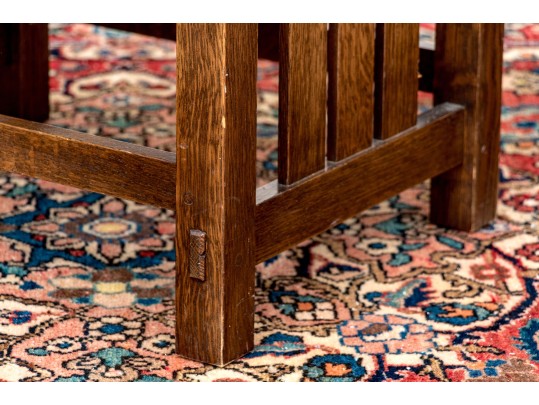 Stickley Arts And Crafts Oak Stool With Blue Upholstered Cushion