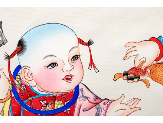 Vibrant Chinese Decorative Scroll Print, Two Boys In Landscape