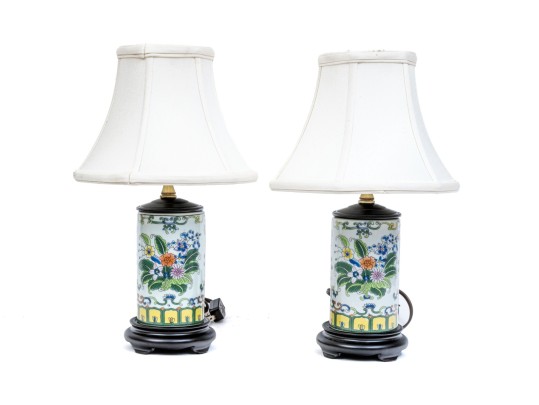 Pair Of Chinese Famille Verte Style Porcelain Table Lamps