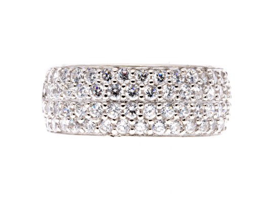 Sterling Silver Lovely High Polished, Round Brilliant Cut CZ Wide Band Ring, Pave Set, Size 7.75