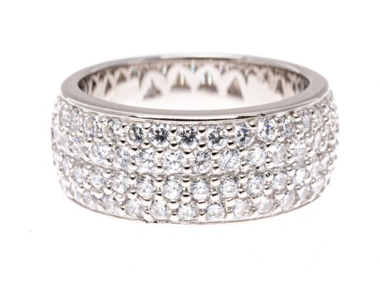 Sterling Silver Lovely High Polished, Round Brilliant Cut CZ Wide Band Ring, Pave Set, Size 7.75