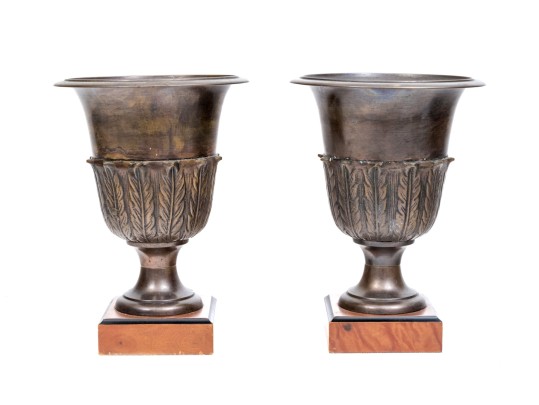 Pair Of Classic Brass Garniture Urns On Square Bases