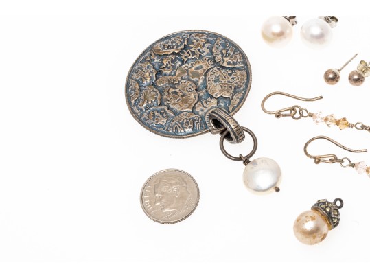 Collection Of Assorted Sterling Silver Earrings And Pendant, Plus One Base Metal Pendant