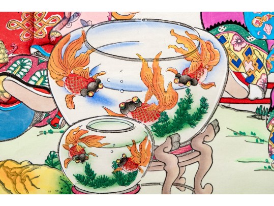 Vibrant Chinese Decorative Scroll Print, Two Boys In Landscape