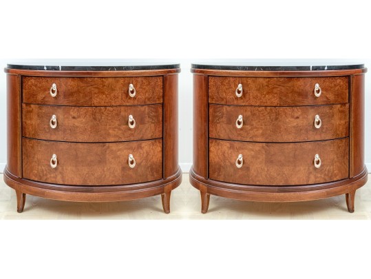 A Fine Pair Of Bogart Burl Wood Marble Top Demilune Chests