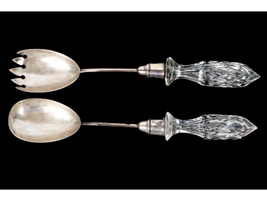 Pair Of Antique English Sterling Silver And Crystal Salad Servers 