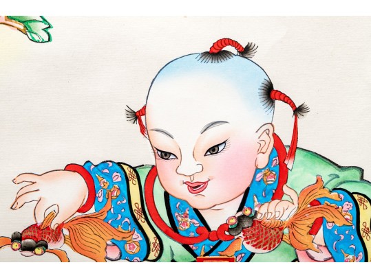 Vibrant Chinese Decorative Scroll Print, Two Boys In Landscape