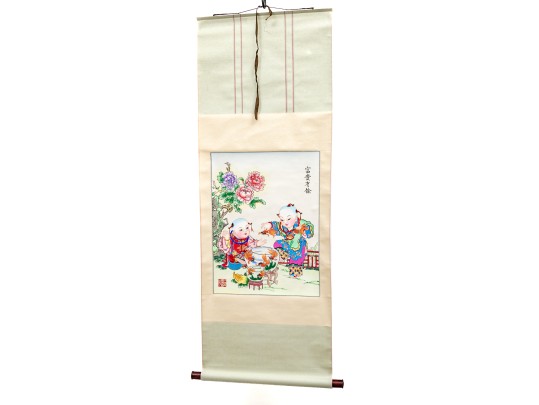 Vibrant Chinese Decorative Scroll Print, Two Boys In Landscape