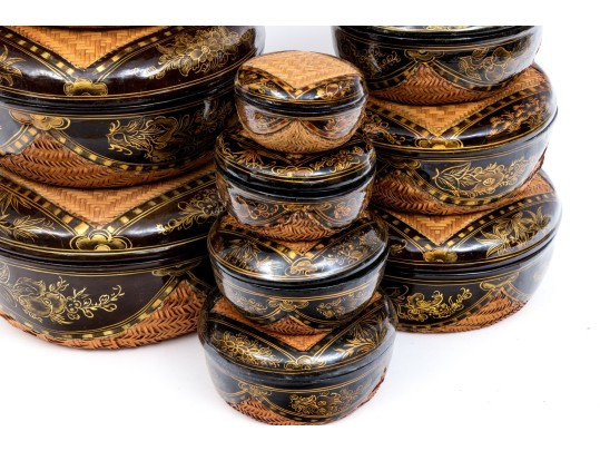 Japanese Set Of Ten Laquered Nesting Boxes With Lids