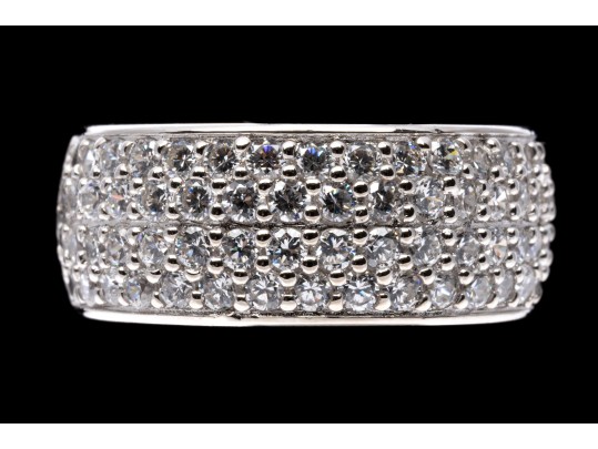 Sterling Silver Lovely High Polished, Round Brilliant Cut CZ Wide Band Ring, Pave Set, Size 7.75
