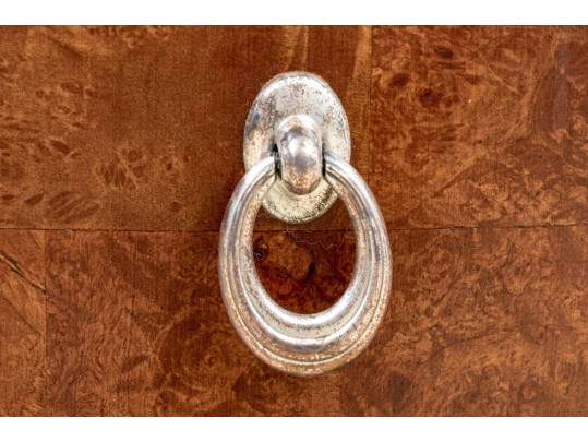 A Fine Pair Of Bogart Burl Wood Marble Top Demilune Chests