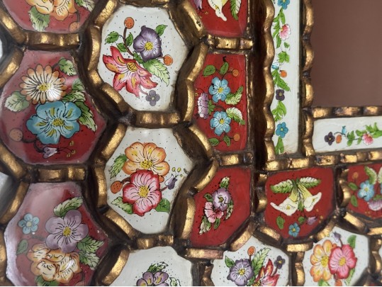 Large Decorative Gilt Wood And Gesso And Polychrome Floral Embellished Mirror