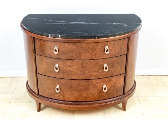 A Fine Pair Of Bogart Burl Wood Marble Top Demilune Chests