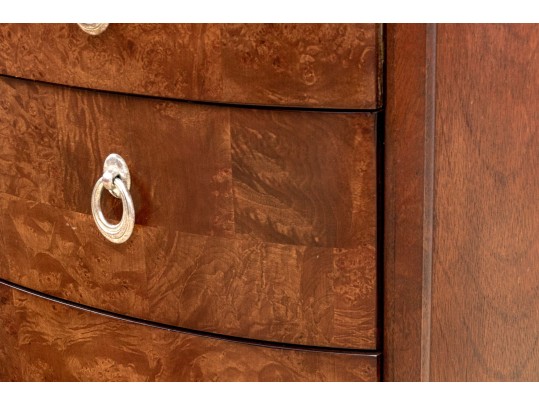 A Fine Pair Of Bogart Burl Wood Marble Top Demilune Chests