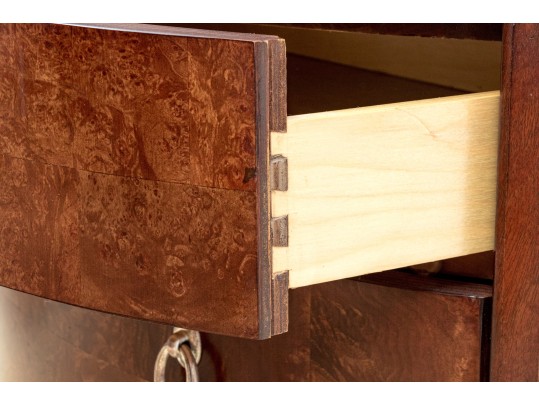 A Fine Pair Of Bogart Burl Wood Marble Top Demilune Chests