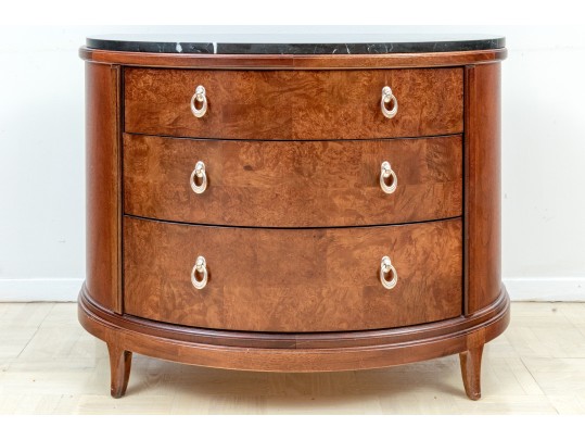 A Fine Pair Of Bogart Burl Wood Marble Top Demilune Chests