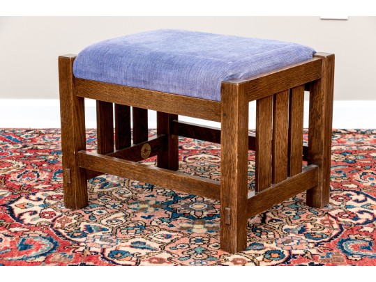 Stickley Arts And Crafts Oak Stool With Blue Upholstered Cushion