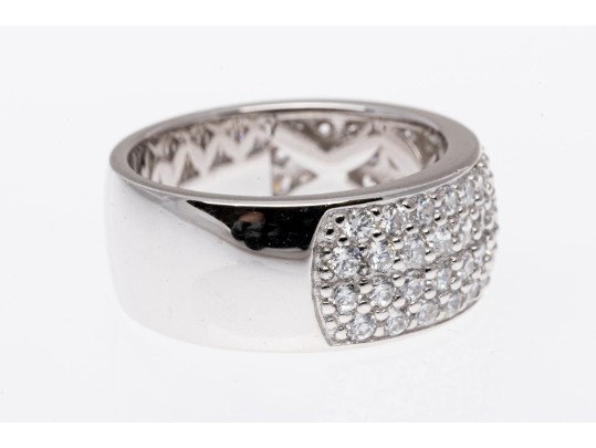 Sterling Silver Lovely High Polished, Round Brilliant Cut CZ Wide Band Ring, Pave Set, Size 7.75