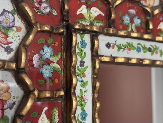 Large Decorative Gilt Wood And Gesso And Polychrome Floral Embellished Mirror