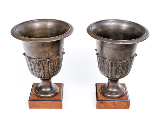 Pair Of Classic Brass Garniture Urns On Square Bases