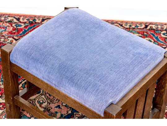 Stickley Arts And Crafts Oak Stool With Blue Upholstered Cushion