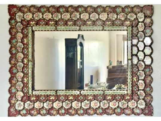 Large Decorative Gilt Wood And Gesso And Polychrome Floral Embellished Mirror