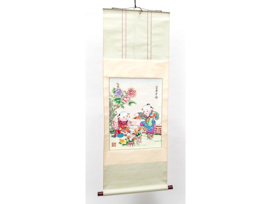 Vibrant Chinese Decorative Scroll Print, Two Boys In Landscape