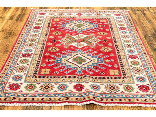 Hand Knotted Wool Pakistan Kazak Mat, 3'-4