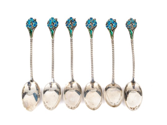 Set Of Six Sterling Silver And Enamel Demitasse Spoons