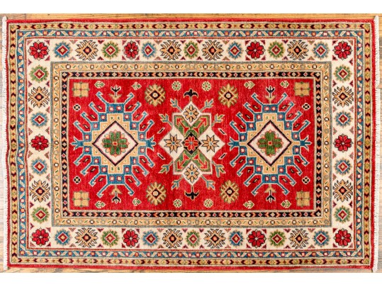Hand Knotted Wool Pakistan Kazak Mat, 3'-4