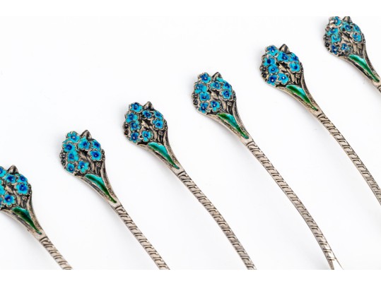 Set Of Six Sterling Silver And Enamel Demitasse Spoons