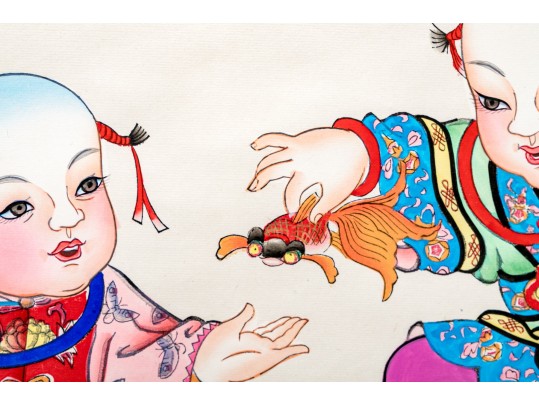 Vibrant Chinese Decorative Scroll Print, Two Boys In Landscape