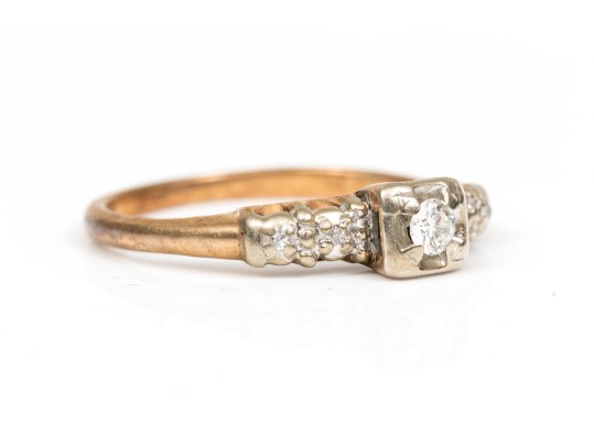 14k Yellow Gold Vintage Round Diamond Set Ring, App. 0.10 TCW, Size 6.75