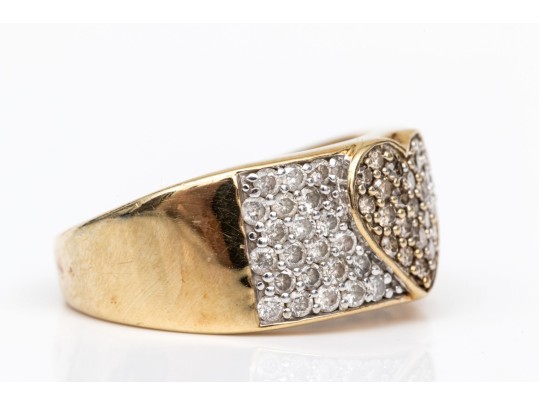 10k Yellow Gold Fun Brown And White Pave Diamond Heart Motif Ring, App. 0.98 TCW, Size 6.75+